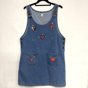 Vintage Haiks, Size XL, Denim Overall Jumper Dress Hearts Applique Studs 1990s